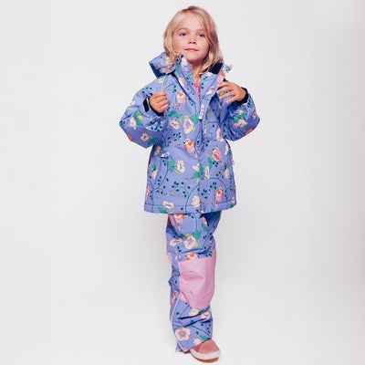 Vinterjakke med fugle og blomster