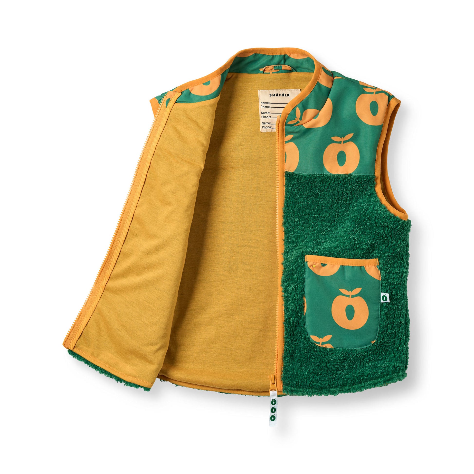 Grøn vest med orange æbler forfra