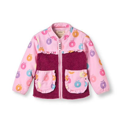 Billede af lyserødjakke med forskelligfarvede æbler forfra