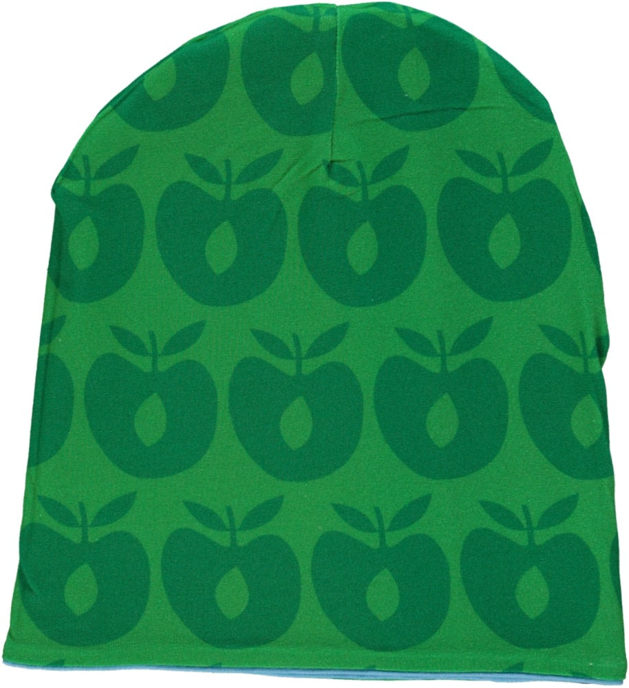 Vendbar beanie med striber og æbler til børn