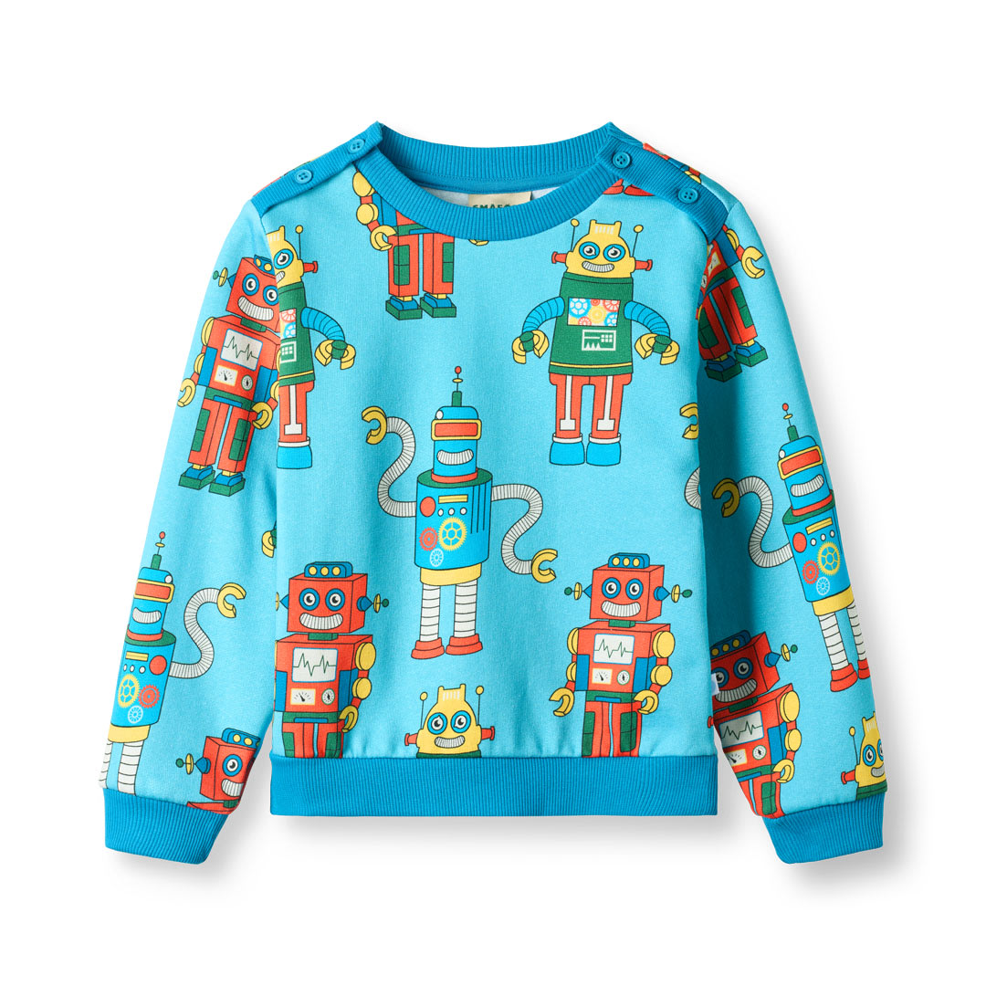 Blå sweater med robotter 