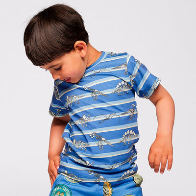 Gala t-shirt med dinosaurer og striber