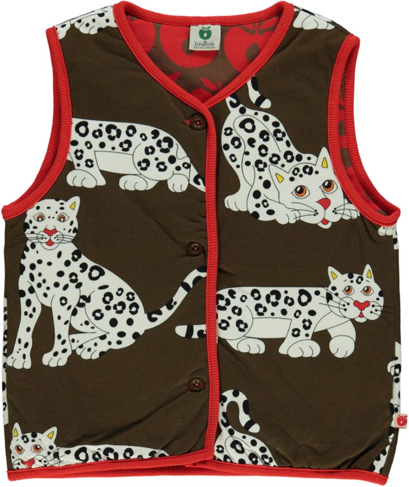 Vendbar polstret vest med leoparder og retro æbler