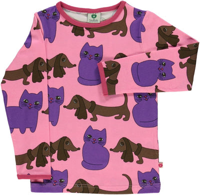 Langærmet bluse med hund og kat