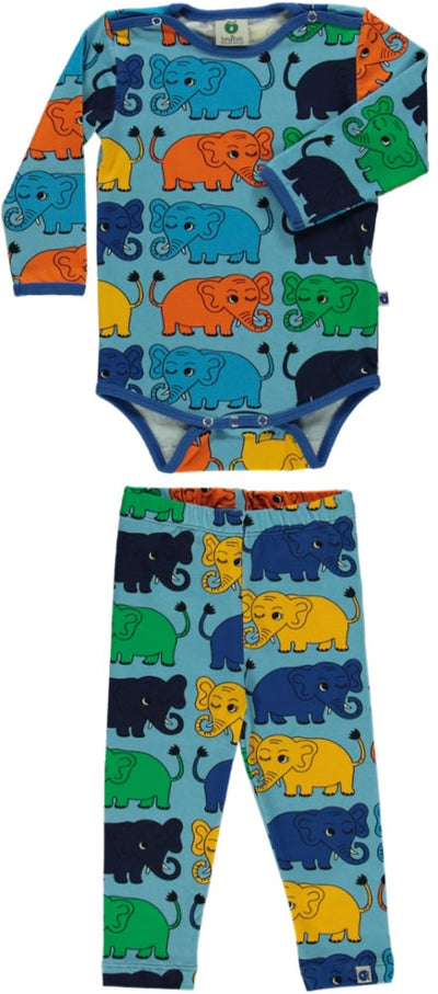 Sæt med langærmet babybody og leggings med elefanter