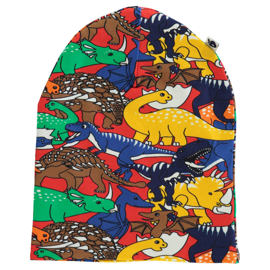 Vendbar beanie med æbler og dinosaurer