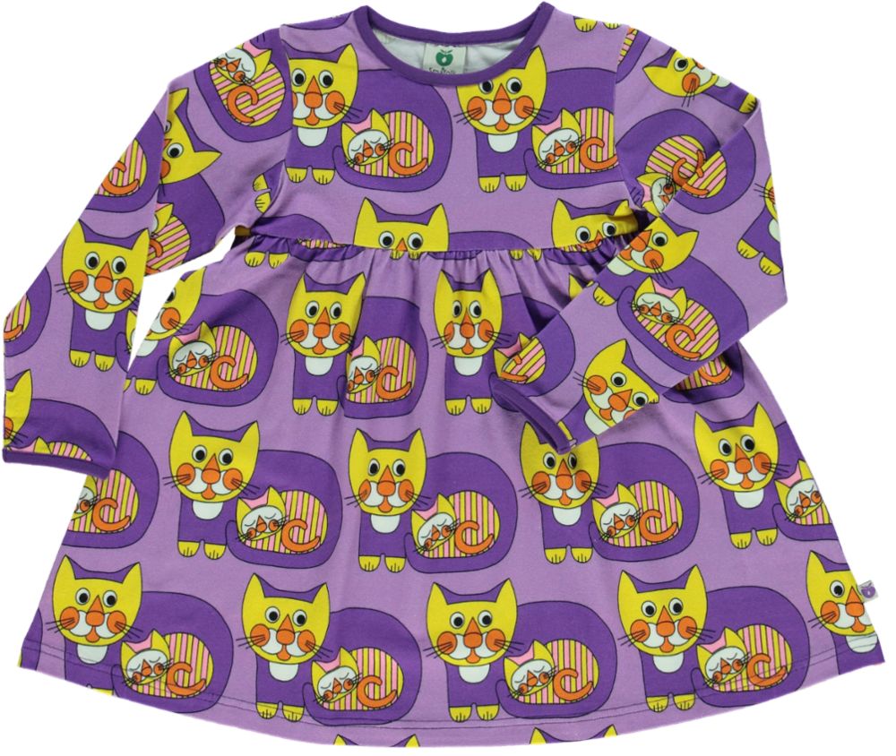 Småfolk kjole til babyer med katte i lilla og gul