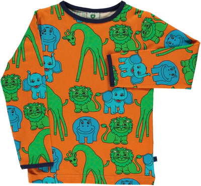 Langærmet t-shirt med giraffer, løver, flodheste og elefanter