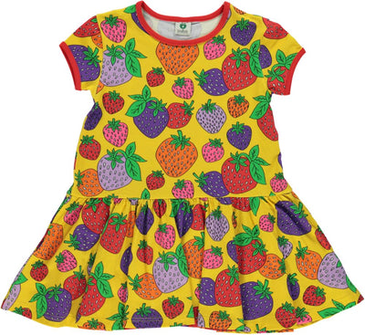 Kortærmet kjole med jordbær i gul til børn