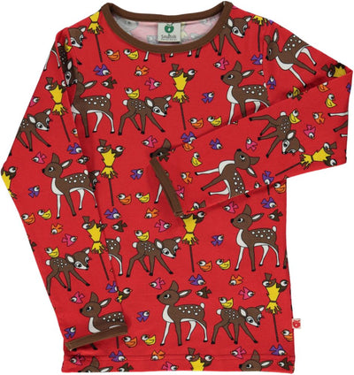 Langærmet t-shirt med rådyr, harer og fugle